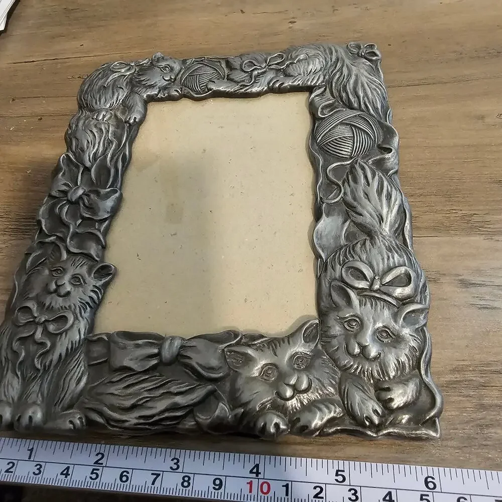 Vintage Pewter Cat Picture Frame MCM Classic Collectible Kitty Kittens Retro 80s